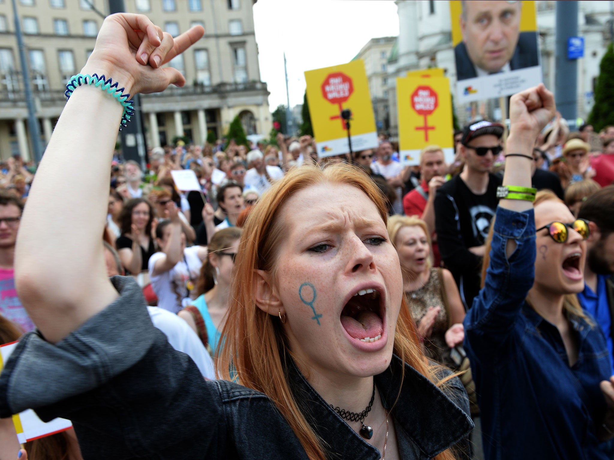 Pro-choice campaigners march on June 18, 2016, in Warsaw, Poland