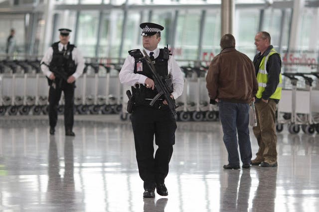Officers patrol Heathrow. Currently there is considerable cooperation between police forces across the EU