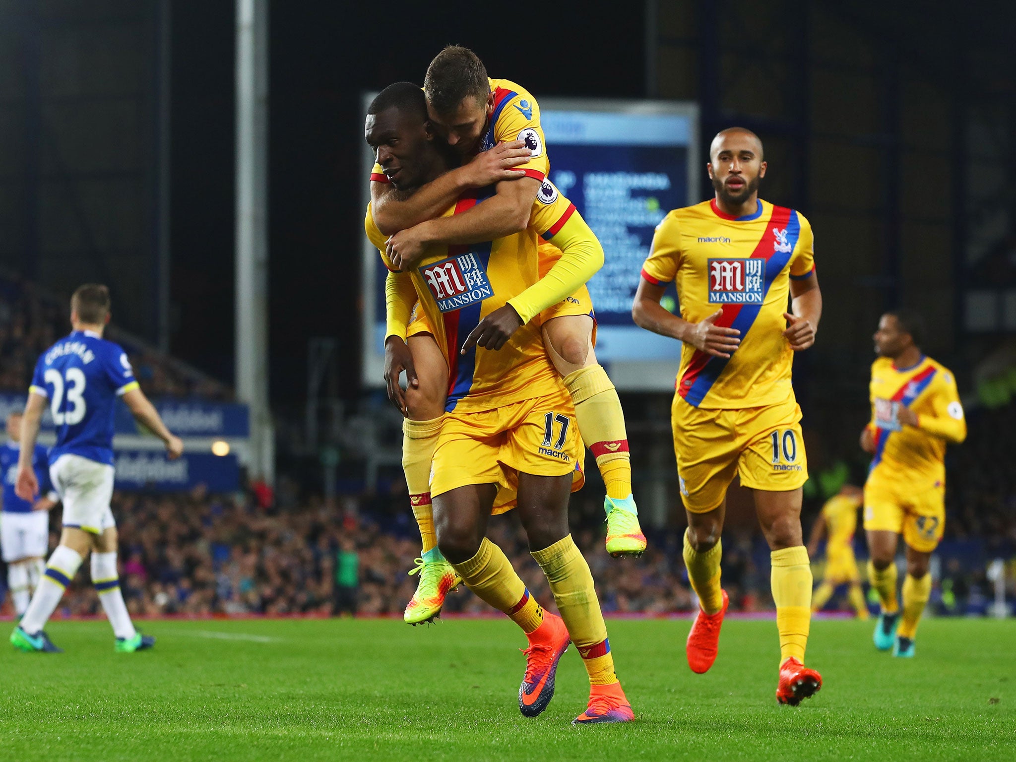 Christian Benteke celebrates his goal with his Crystal Palace teammates