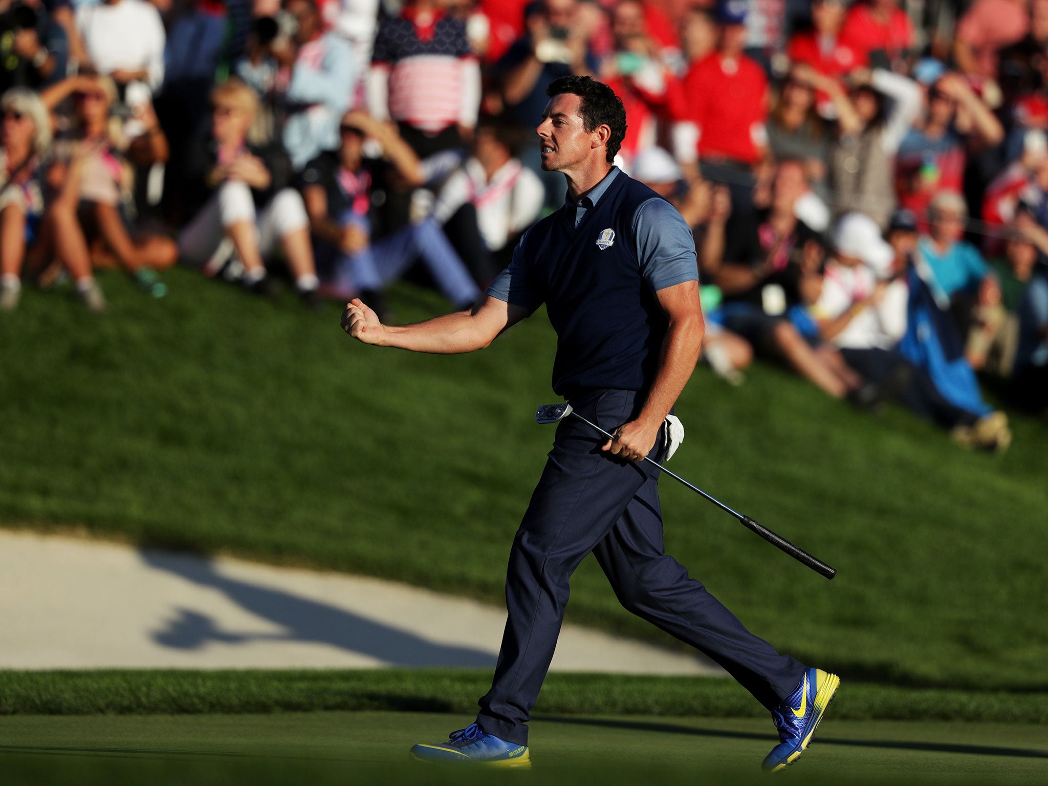 McIlory celebrates his match winning eagle