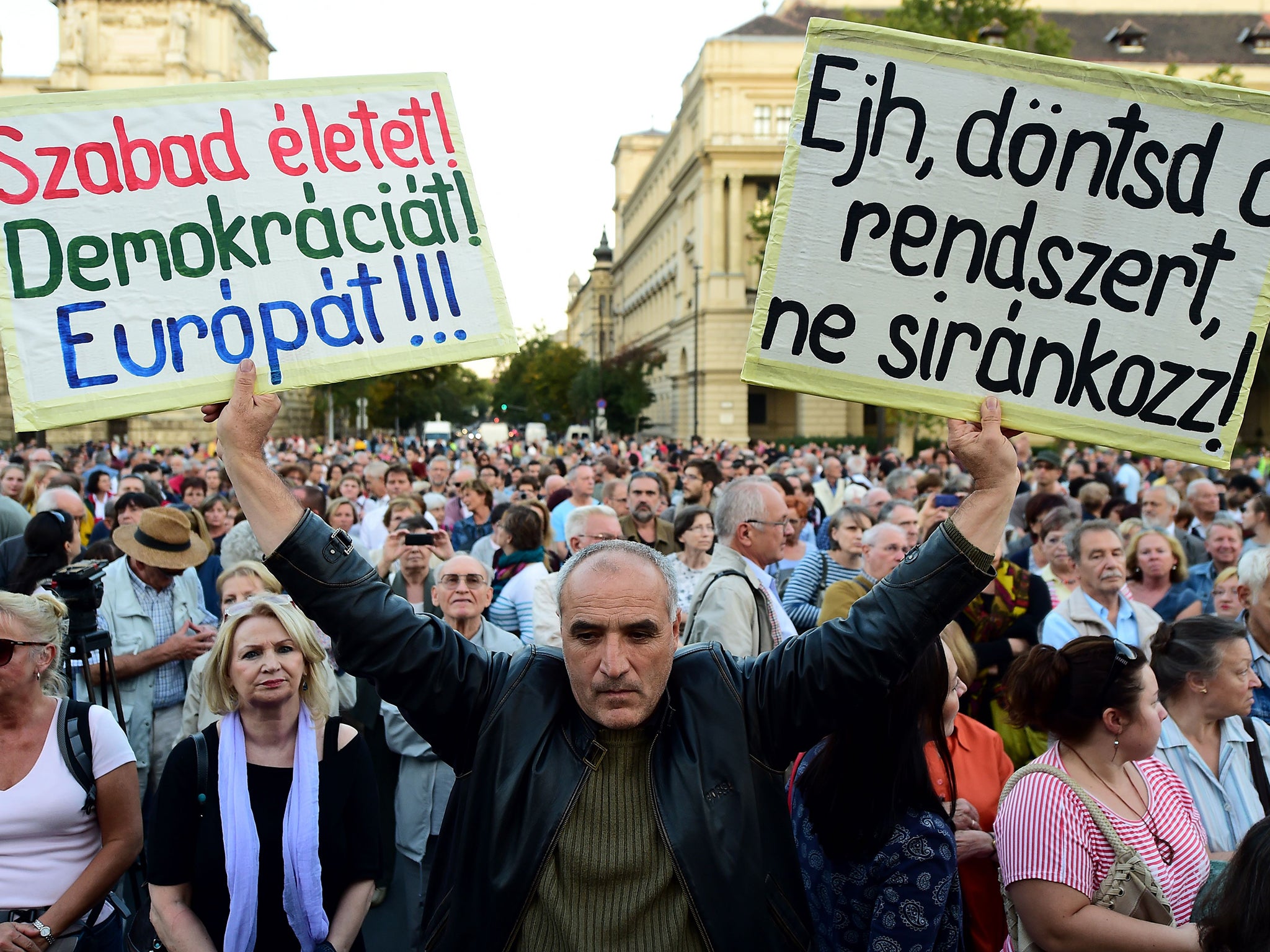 Hungarian people protest against the referendum on EU refugee quotas in Budapest