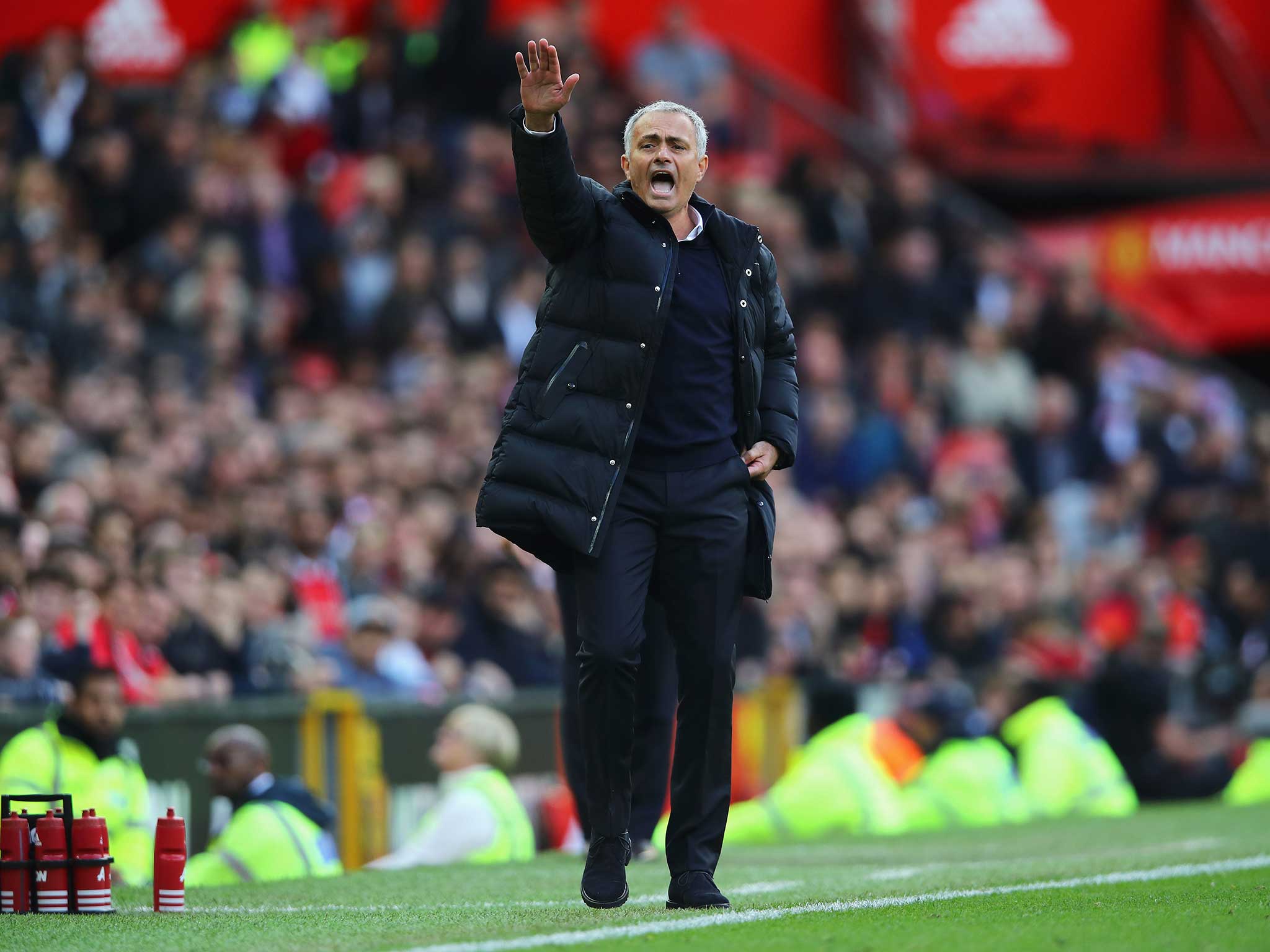 Jose Mourinho protests on the side-lines at Old Trafford