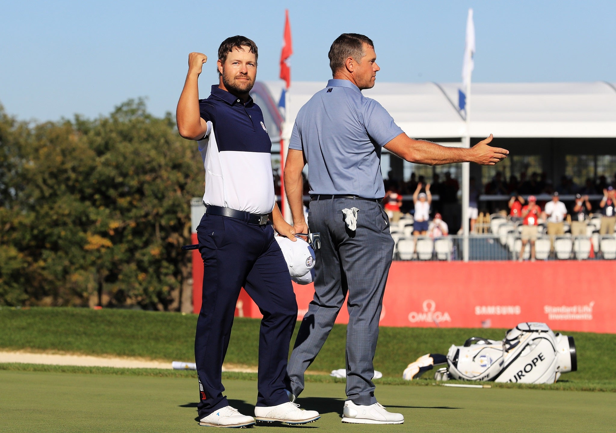 Ryan Moore celebrates securing the winning point for the USA in the Ryder Cup