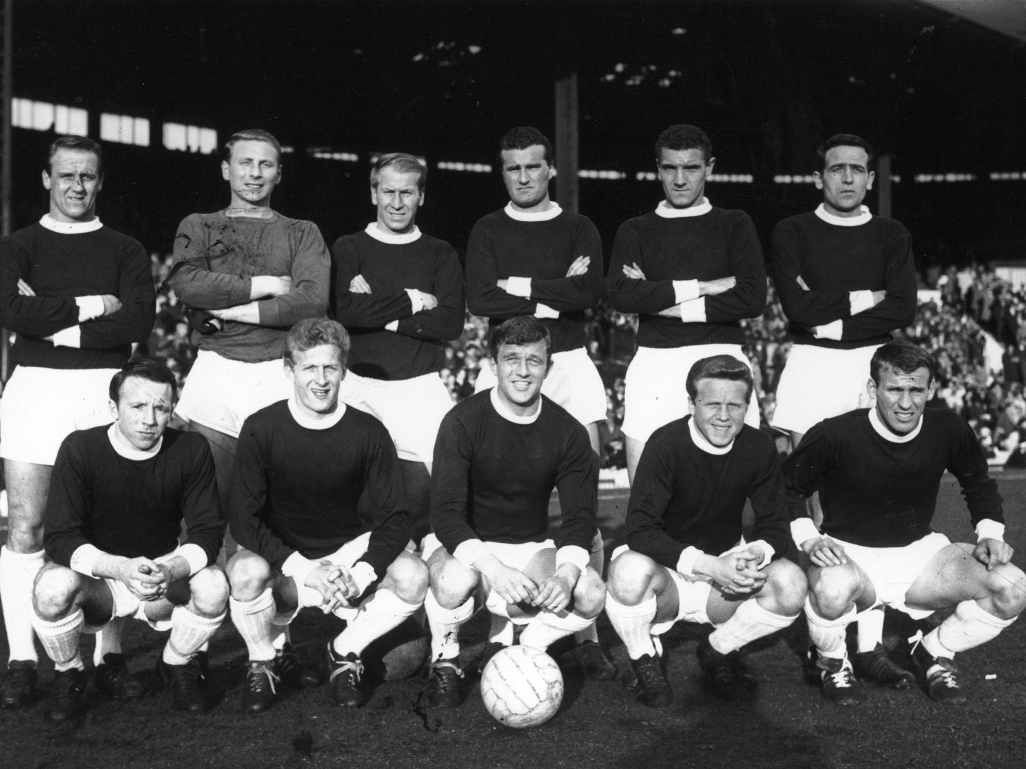 The Manchester United team line-up in 1963. Back row, left to right: Maurice Setters, Gaskell, Bobby Charlton, Noel Cantwell, Bill Foulkes, Brennan. Front row: Nobby Stiles, Denis Law, David Herd, Albert Quixall, Pat Crerand.