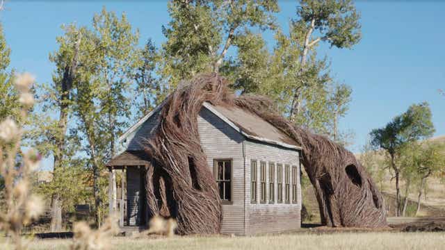 Daydreams, by Patrick Dougherty, sees a fake 19th-century schoolhouse overtaken by willow trees