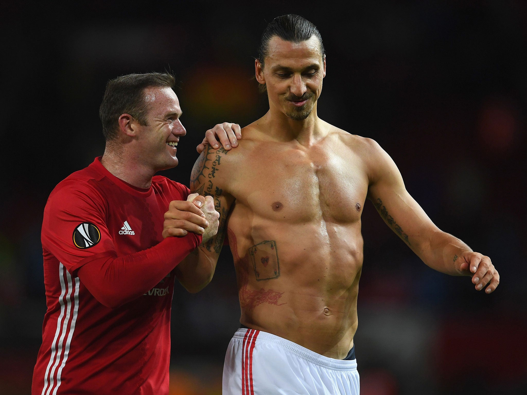 Zlatan Ibrahimovic and Wayne Rooney together following United's victory in the Europa League over FC Zorya Luhansk