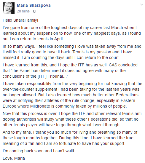 Sharapova posted a statement to her Facebook page