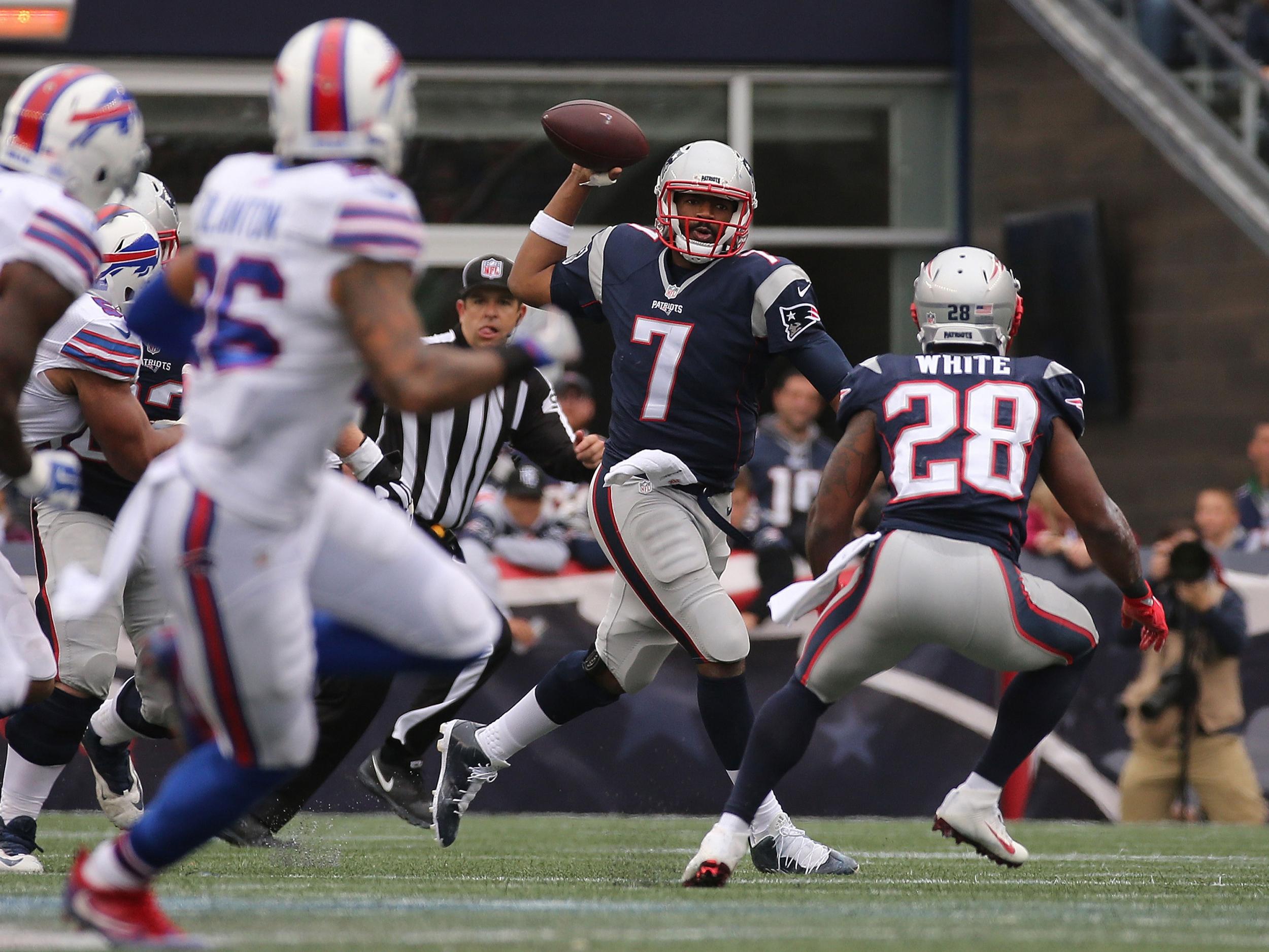 Jacoby Brissett, No.7, of the New England Patriots looks to pass in the second half against the Buffalo Bills at Gillette Stadium on October 2, 2016 in Foxboro, Massachusetts.