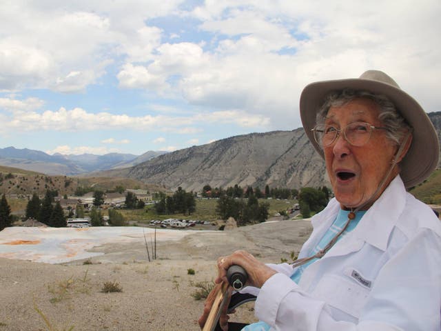 Norma Jean Bauerschmidt admiring Yellow Stone National Park in July