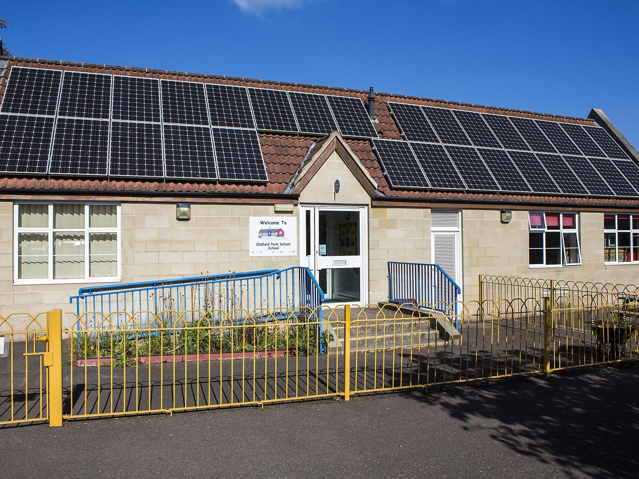The solar panels array on the roof of Oldfield Park Infant School, installed with the support of Bath and West Community Energy a community project. Bath, Somerset