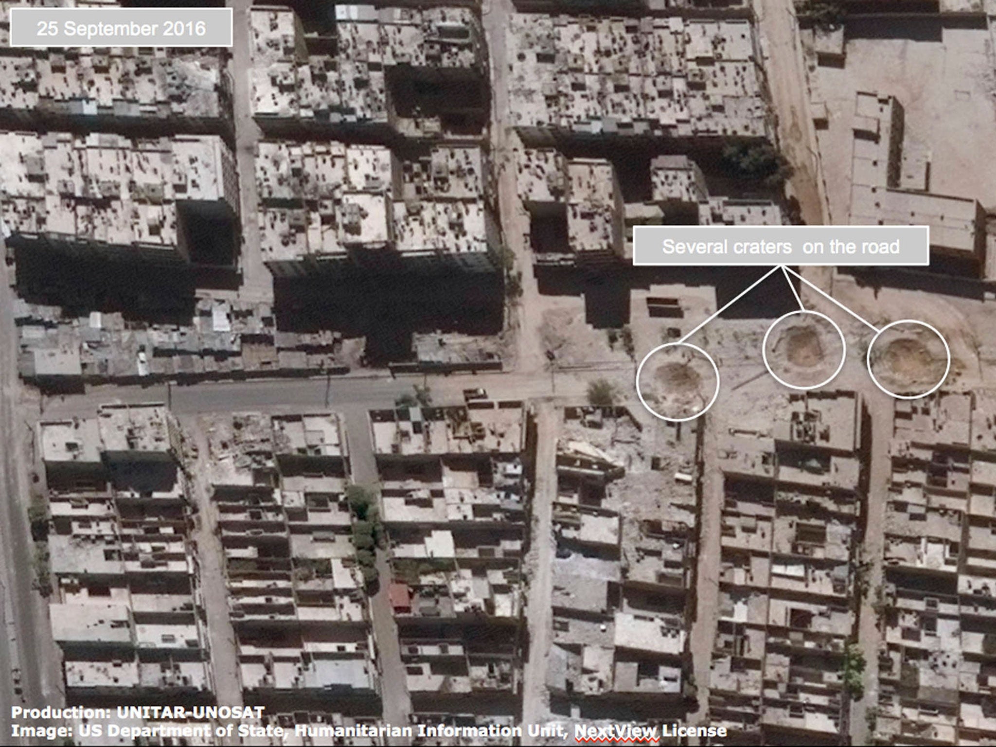 This satellite image released by the United Nations shows road damage and craters in the Sha'ar district of Aleppo, Syria, on 25 September 2016