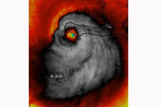 An infrared satellite image of Hurricane Matthew as it passed over Haiti that to some looked like a skull
