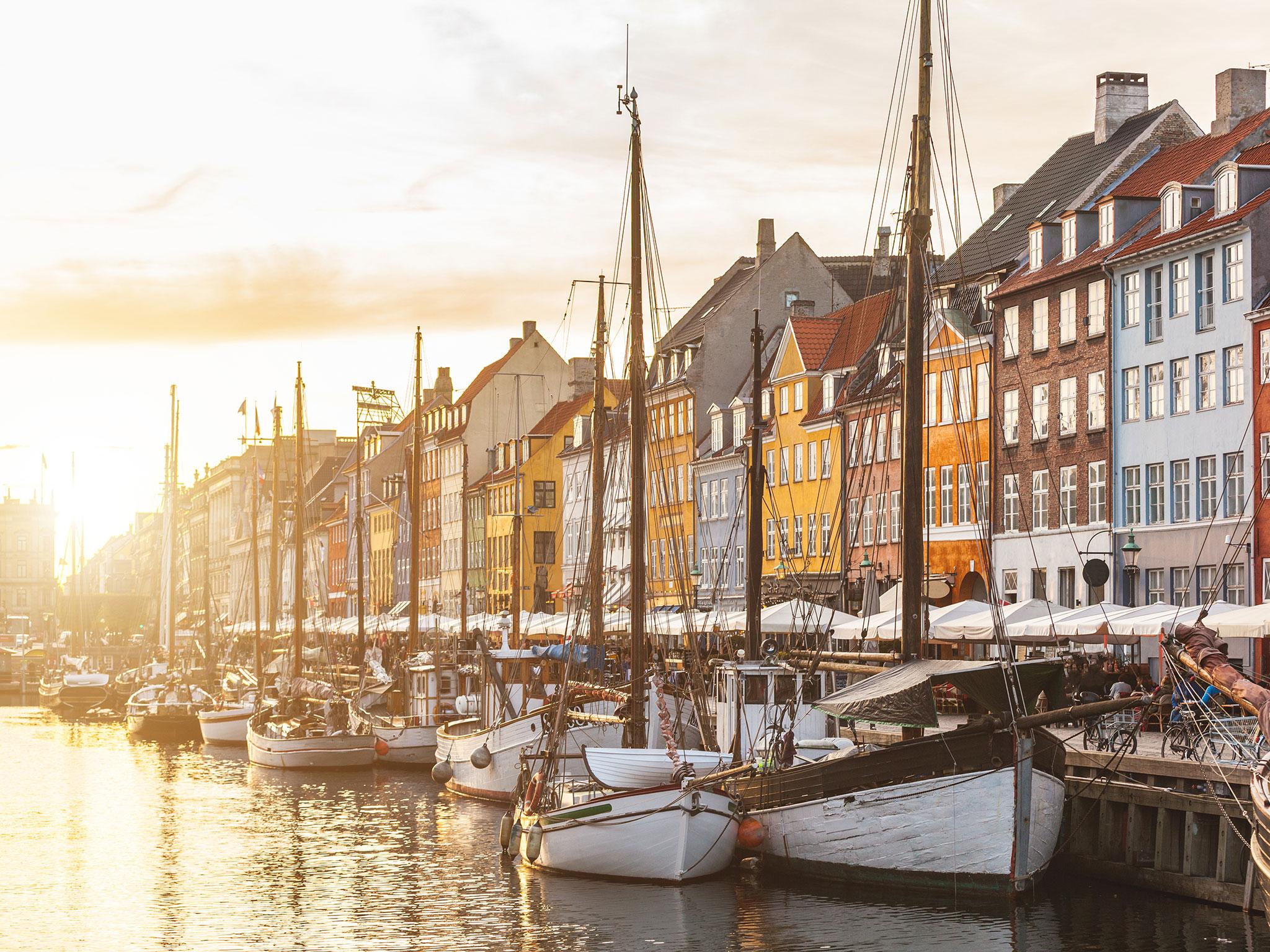 Colourful houses in Copenhagen's old town at sunset