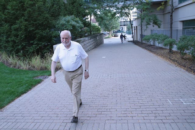 Professor Fraser Stoddart of Northwestern University leaves his office on campus shortly after learning he had won the 2016 Nobel Prize in Chemistry on October 5, 2016 in Evanston, Illinois