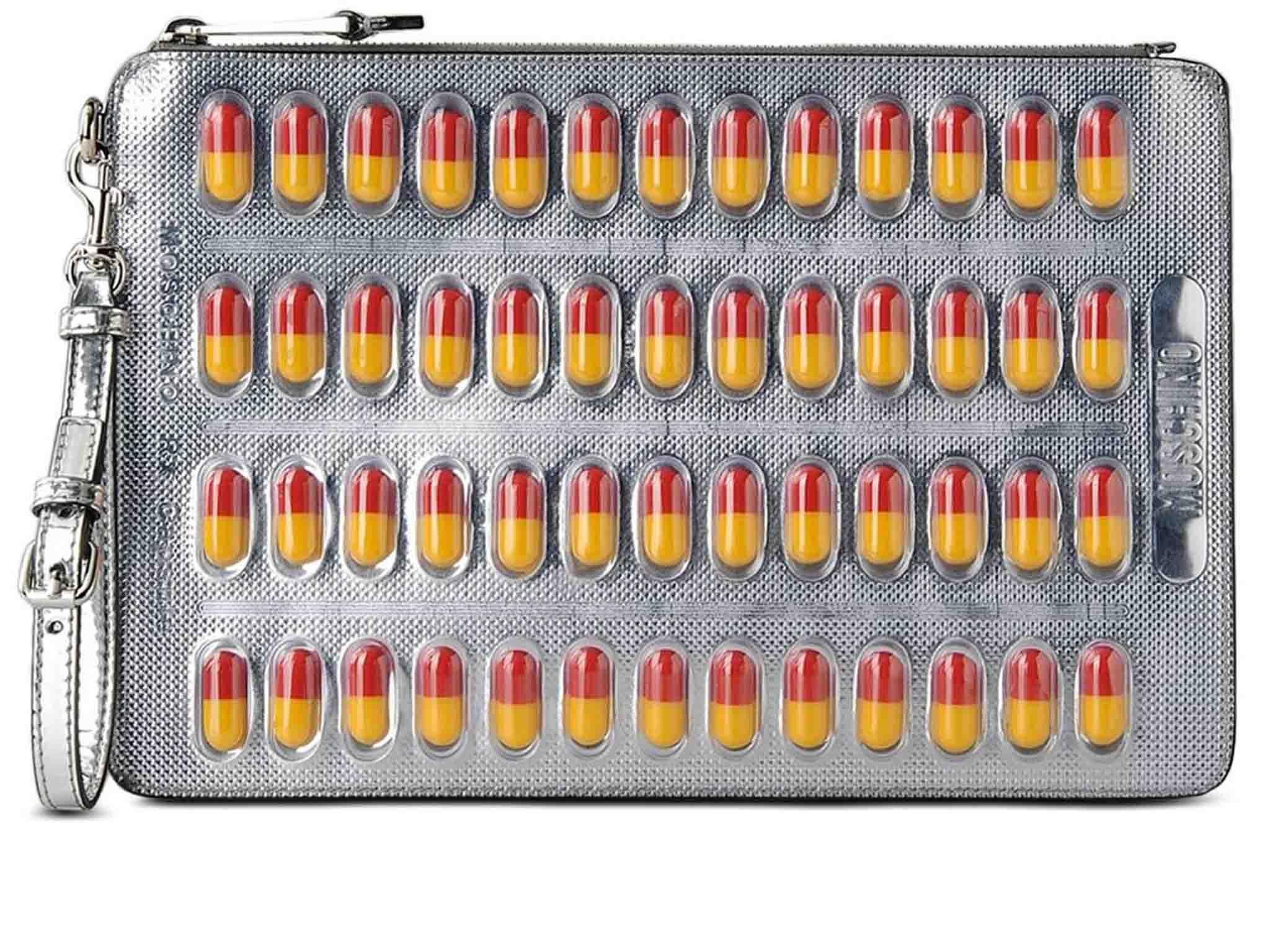 Moschino Pill Blister Pack Clutch, $602, farfetch.com