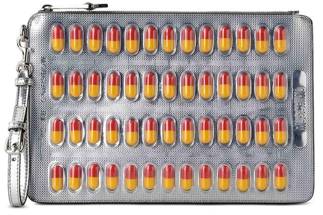 A clutch bag created to look like a blister pack of pills