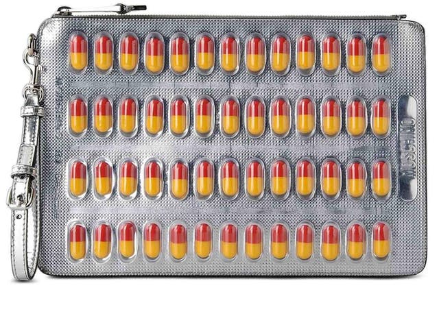 A clutch bag created to look like a blister pack of pills