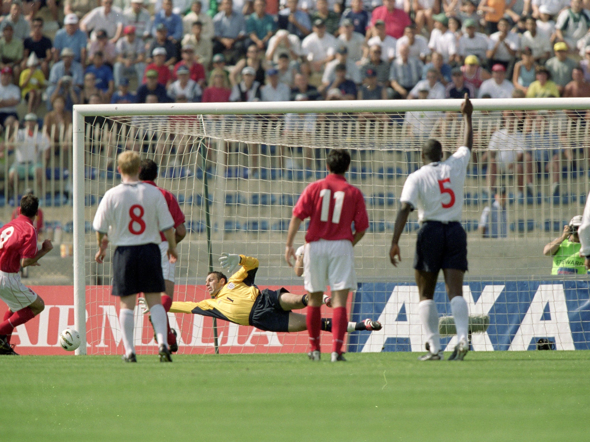 Carabott scores a penalty against England in 2000