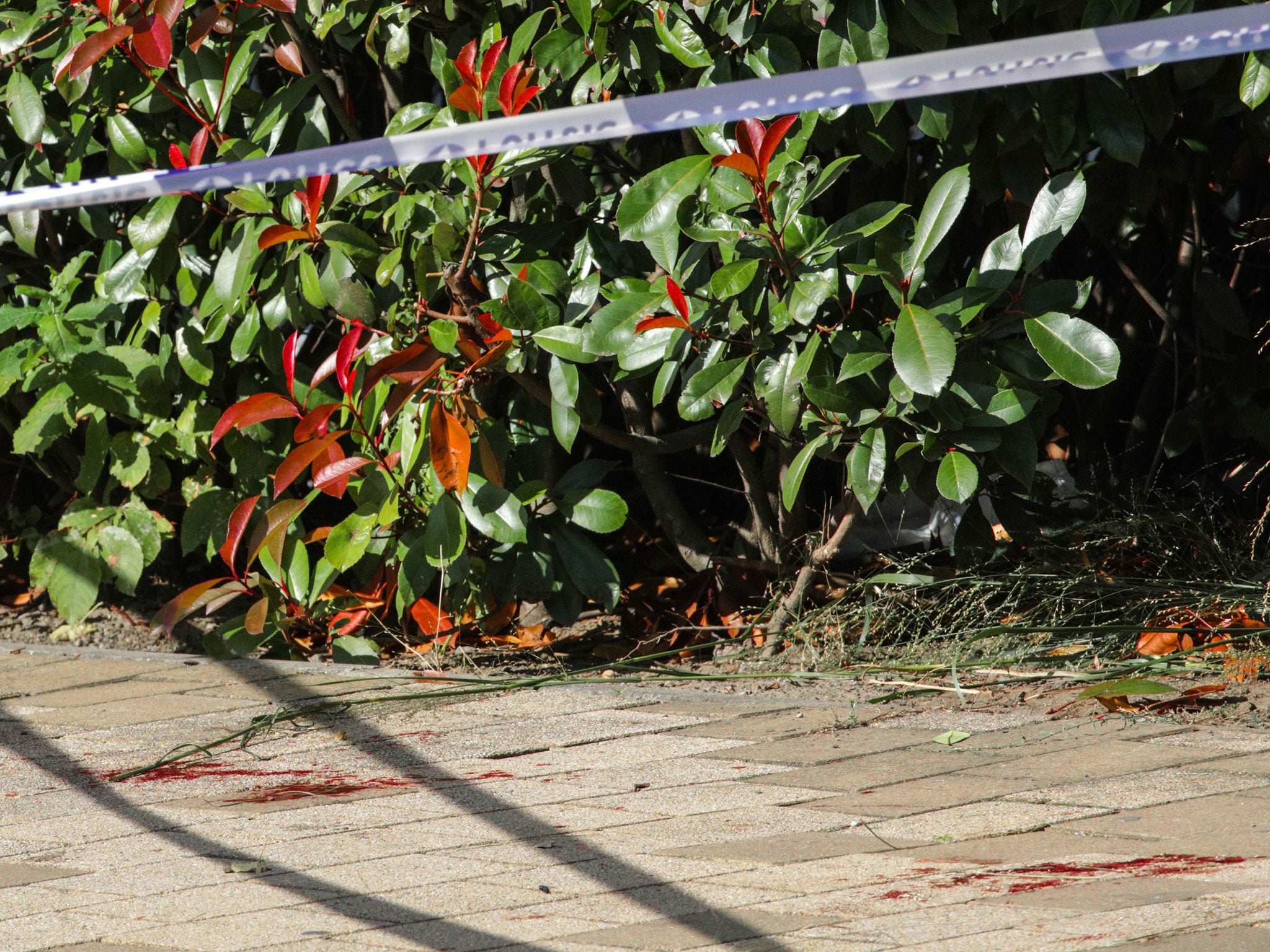 Blood at the scene of a stabbing attack against two police officers in the Schaerbeek district