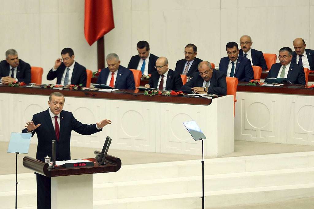 President Erdogan addresses the Turkish National Assembly earlier this month (Getty)