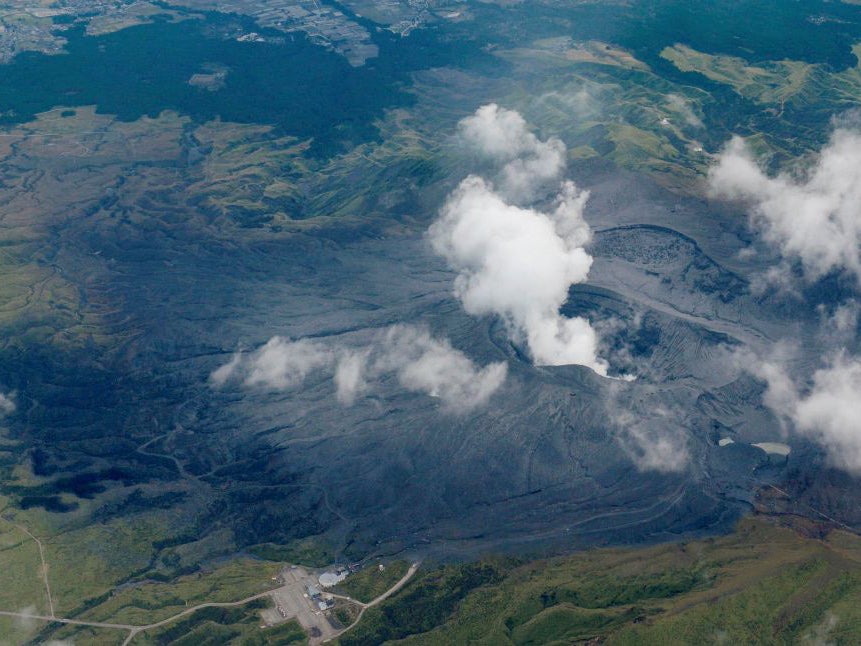 An aerial view shows an eruption of Mount Aso in Aso, Kumamoto