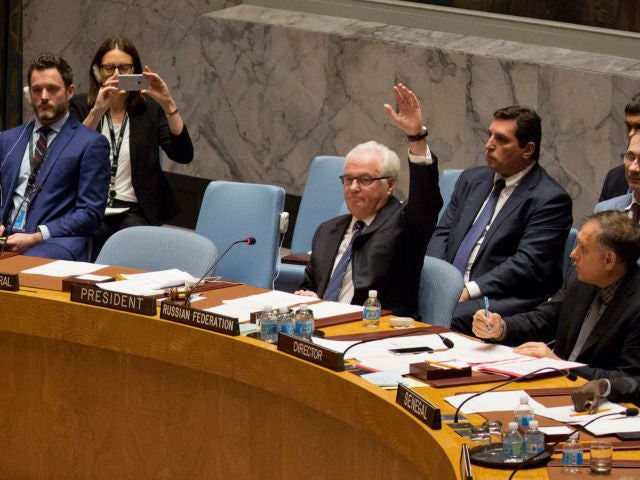 Russian ambassador to the United Nations Vitaly Churkin vetoes a Security Council vote on a French-Spanish resolution on Syria at the UN headquarters