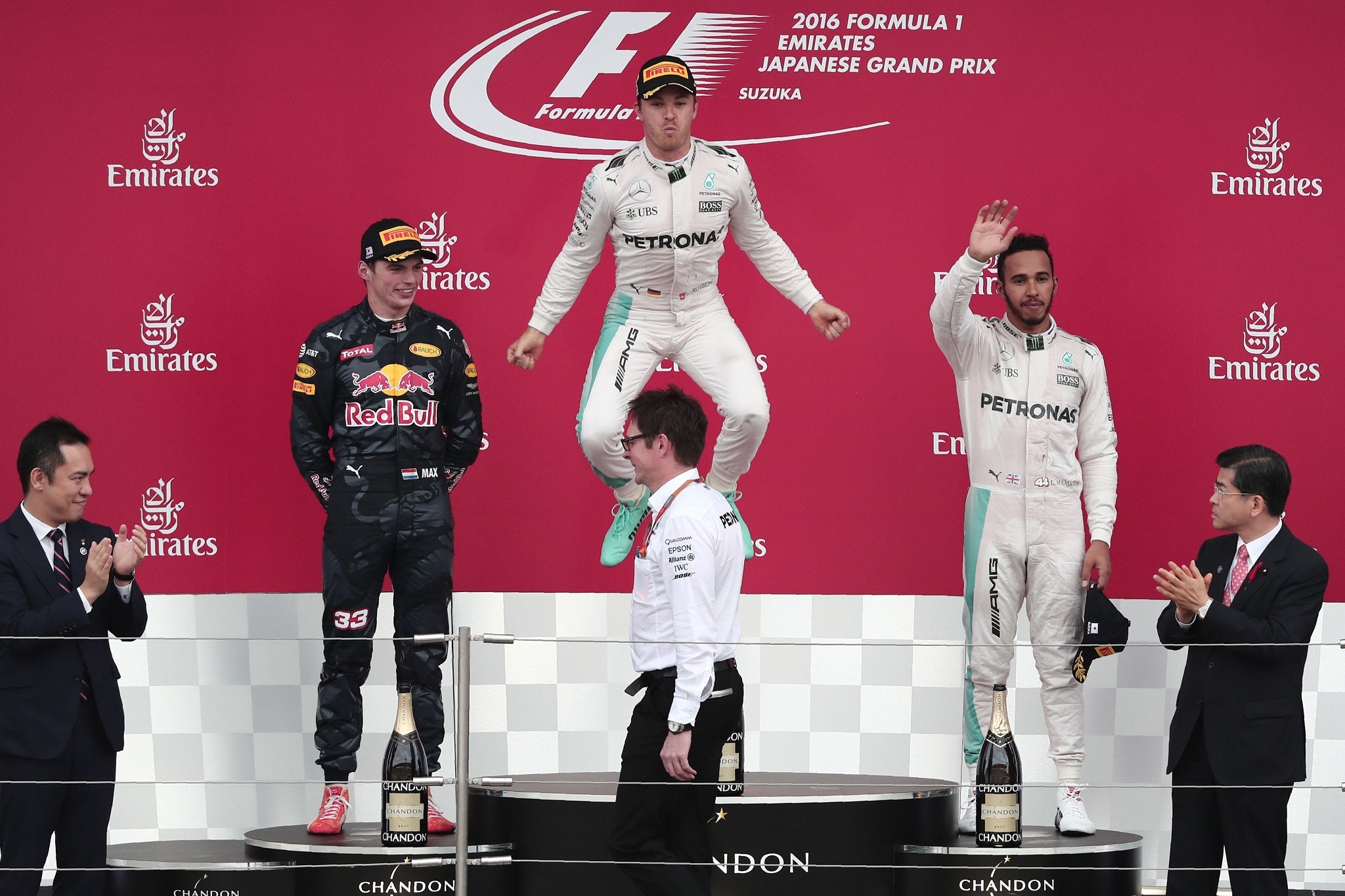 Rosberg leaps for joy after winning the Japanese Grand prix
