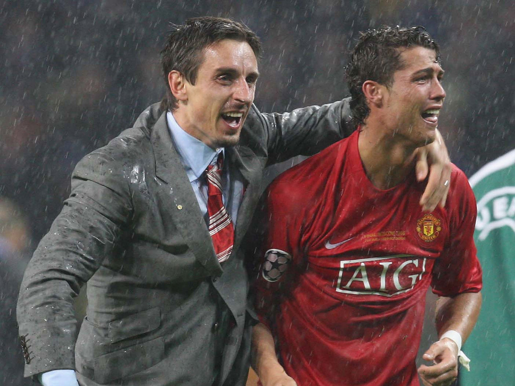 Neville and Ronaldo celebrate winning the Champions League in 2008