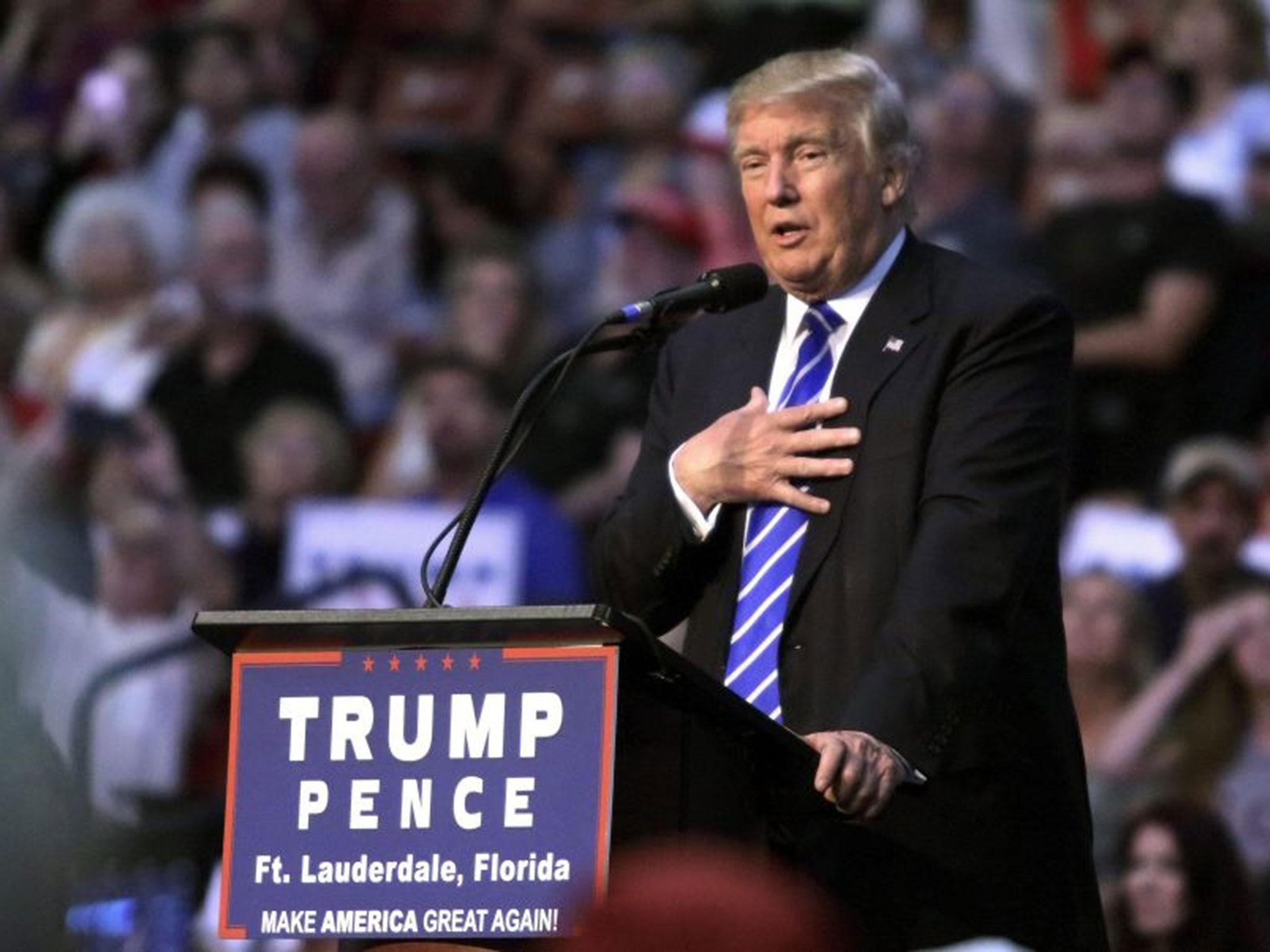 File picture shows US Republican presidential nominee Donald Trump speaking during a campaign event at the BB&T Center in Sunrise, Florida, USA, on 10 August, 2016