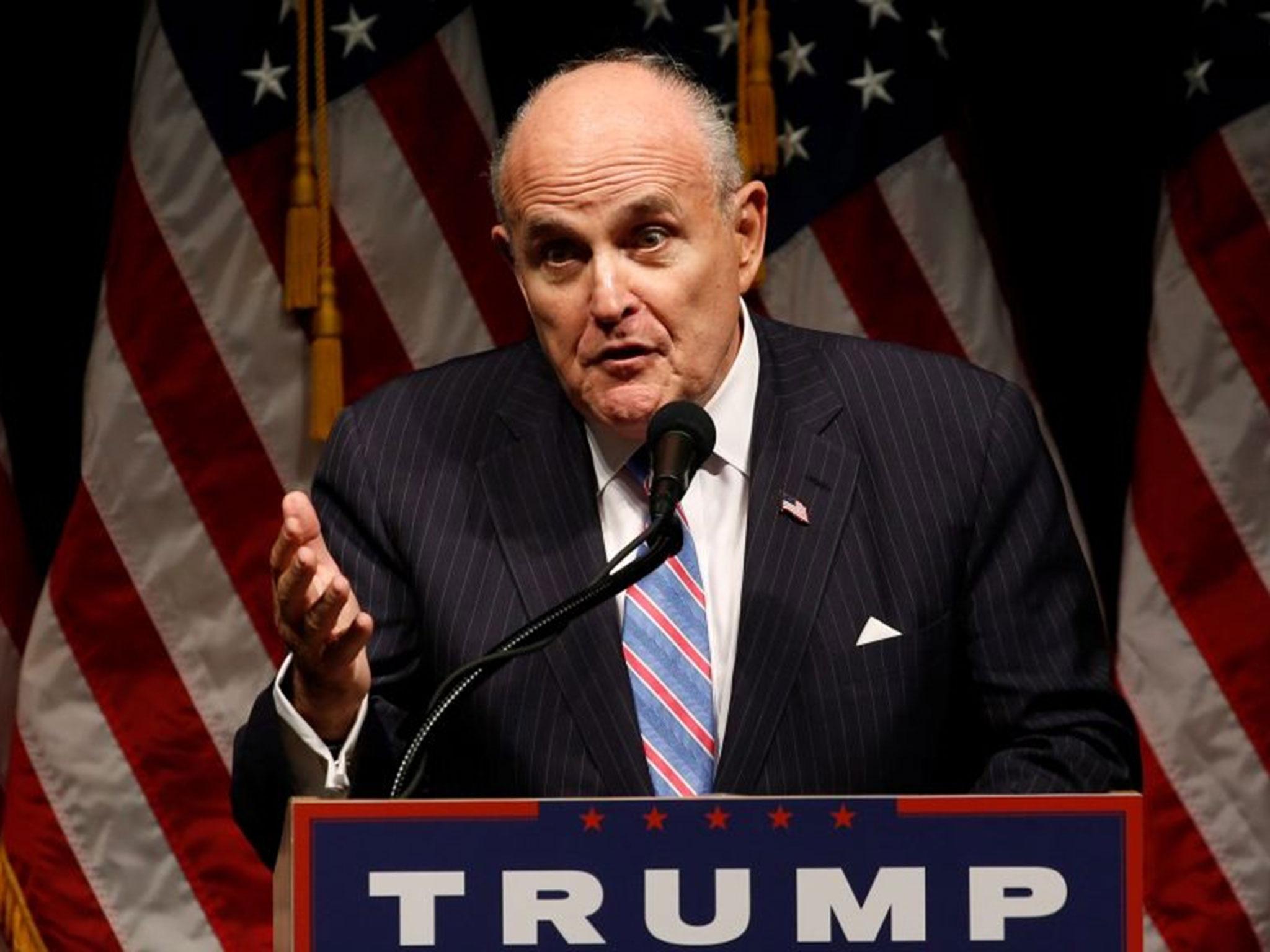 Former New York Mayor Rudy Giuliani speaking at a Donald Trump rally in Iowa in September
