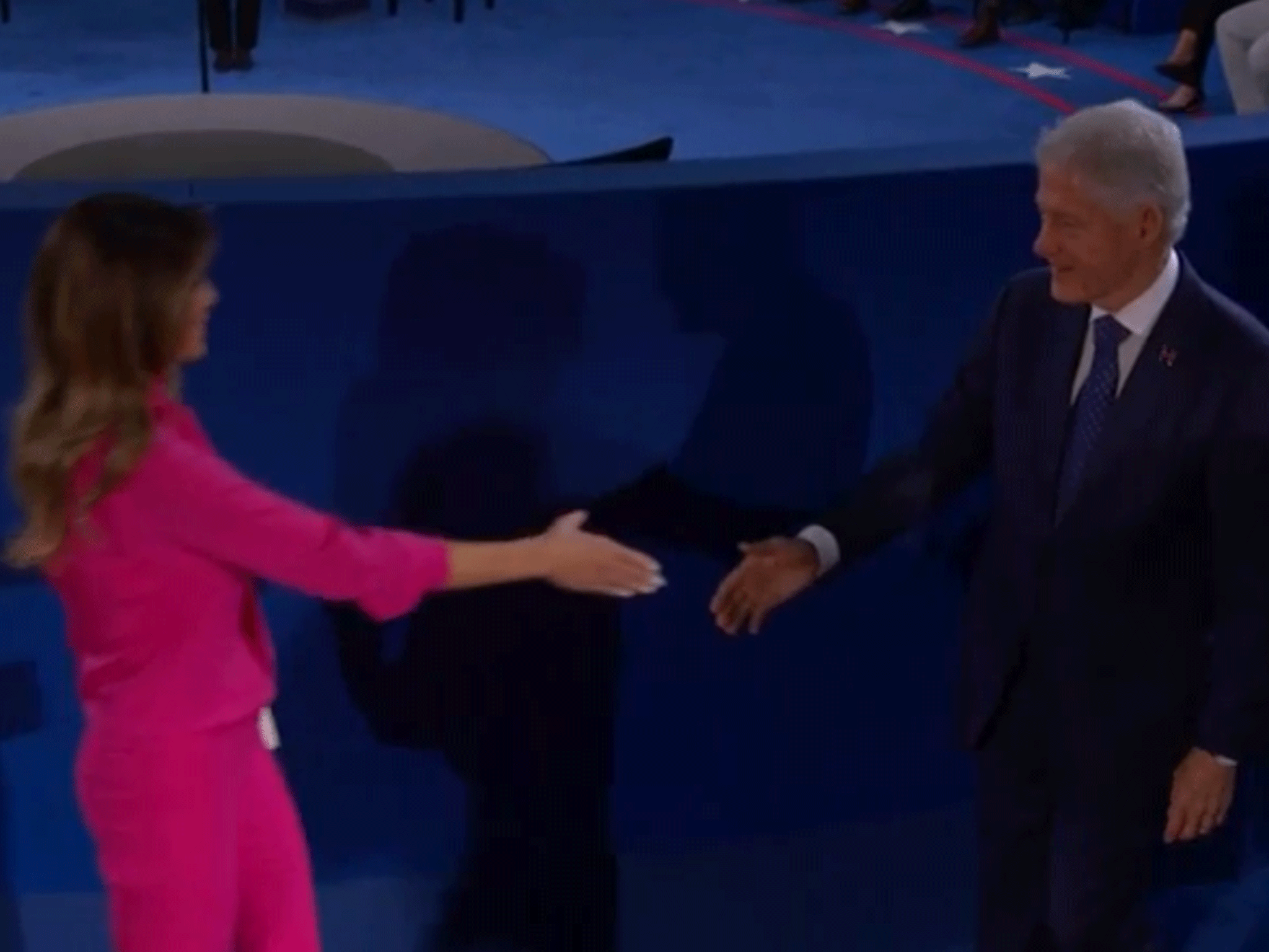 Presidential debate: Bill Clinton shares awkward handshake with Donald Trump's family after Republican candidate accuses him of abuse