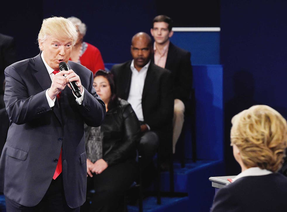 Donald Trump during his second presidential debate against Hillary Clinton last night
