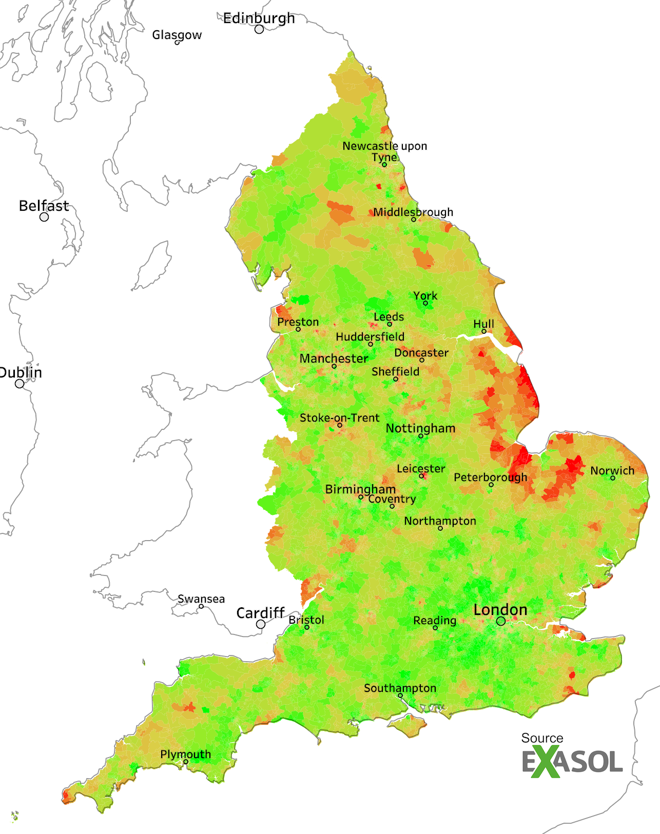 A heat map showing the rates of prescriptions for type 2 diabetes in 2011