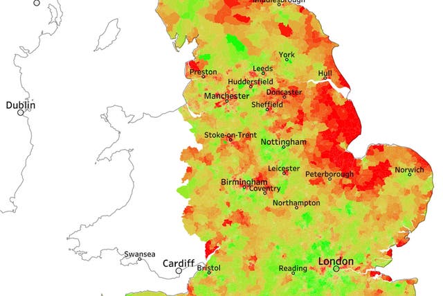 A heat map showing the rates of prescriptions for type 2 diabetes in England in 2015, increasing from green to red