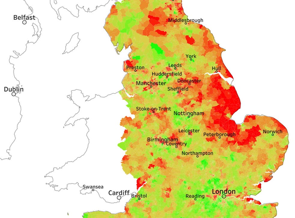 A heat map showing the rates of prescriptions for type 2 diabetes in England in 2015, increasing from green to red