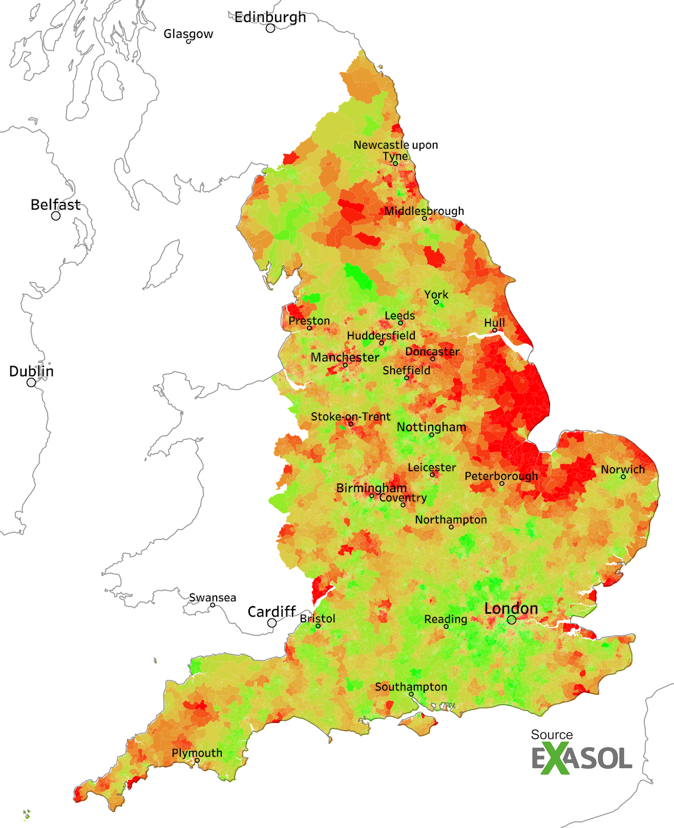 A heat map showing the rates of prescriptions for type 2 diabetes in 2015
