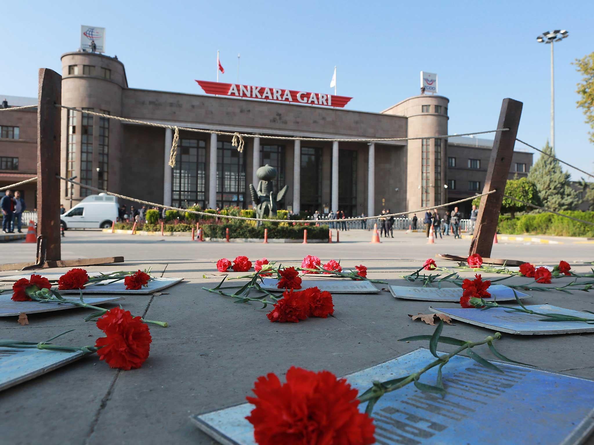 Roses have been placed on the floor to mark the first anniversary of the worst attack in Turkey's modern history