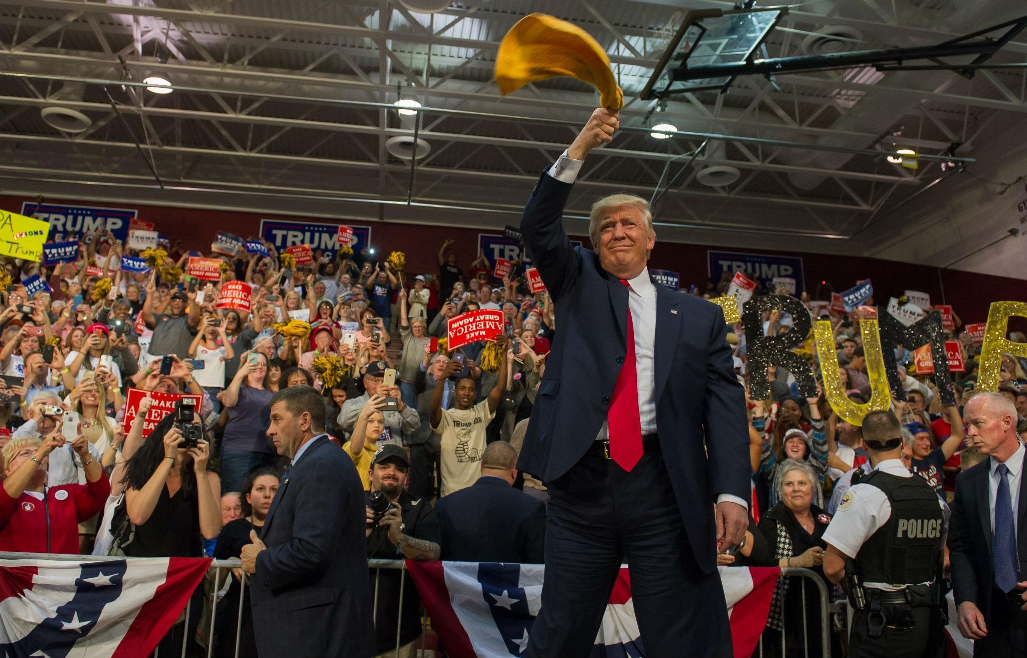Donald Trump whips up the crowd at a campaign rally in Ambridge, Pennsylvania