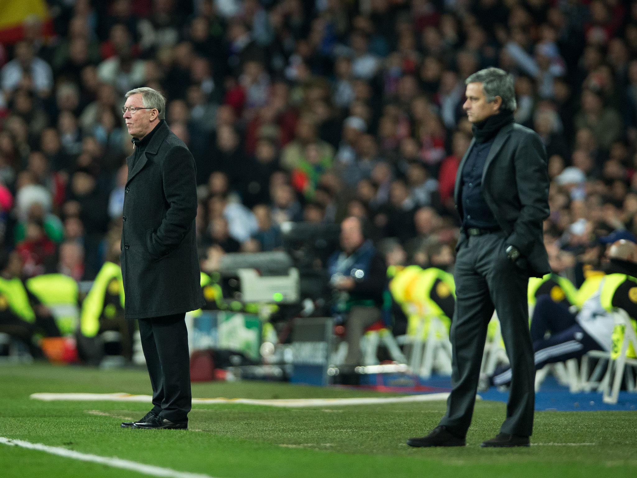 Sir Alex Ferguson and Jose Mourinho of Real Madrid during the first leg of the two side's last 16 encounter in the UEFA Champions League, February 2013