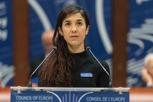Former Isis prisoner Nadia Murad delivers her speech after winning the Vaclav Havel Human Rights Prize in the Council of Europe in Strasbourg, France, 10 October, 2016