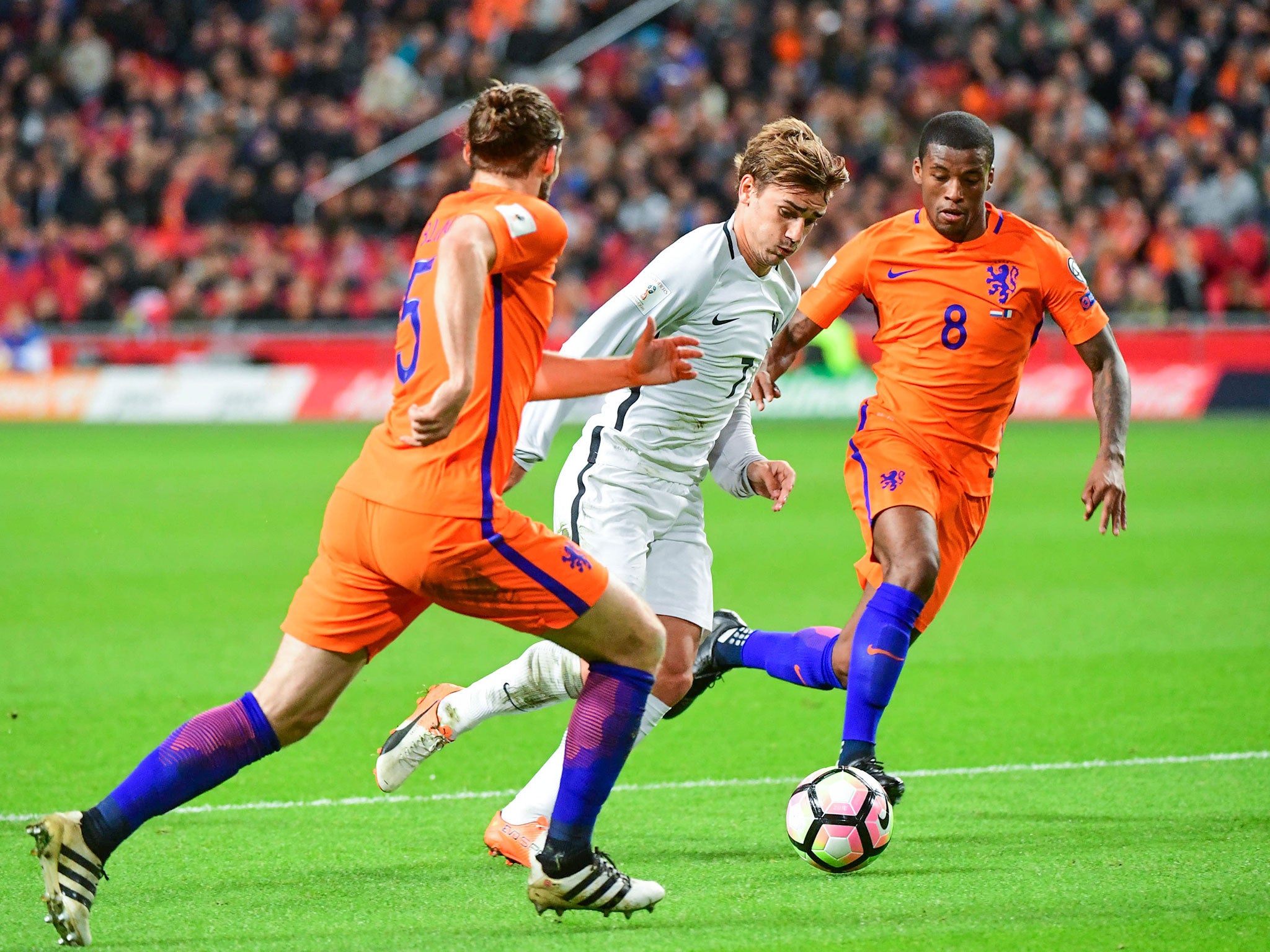 Antoine Greismann bursts through the Dutch defence in Amsterdam