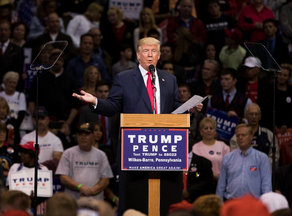 Donald Trump speaking at a rally in Wilkes-Barre, Pennsylvania on 10 October