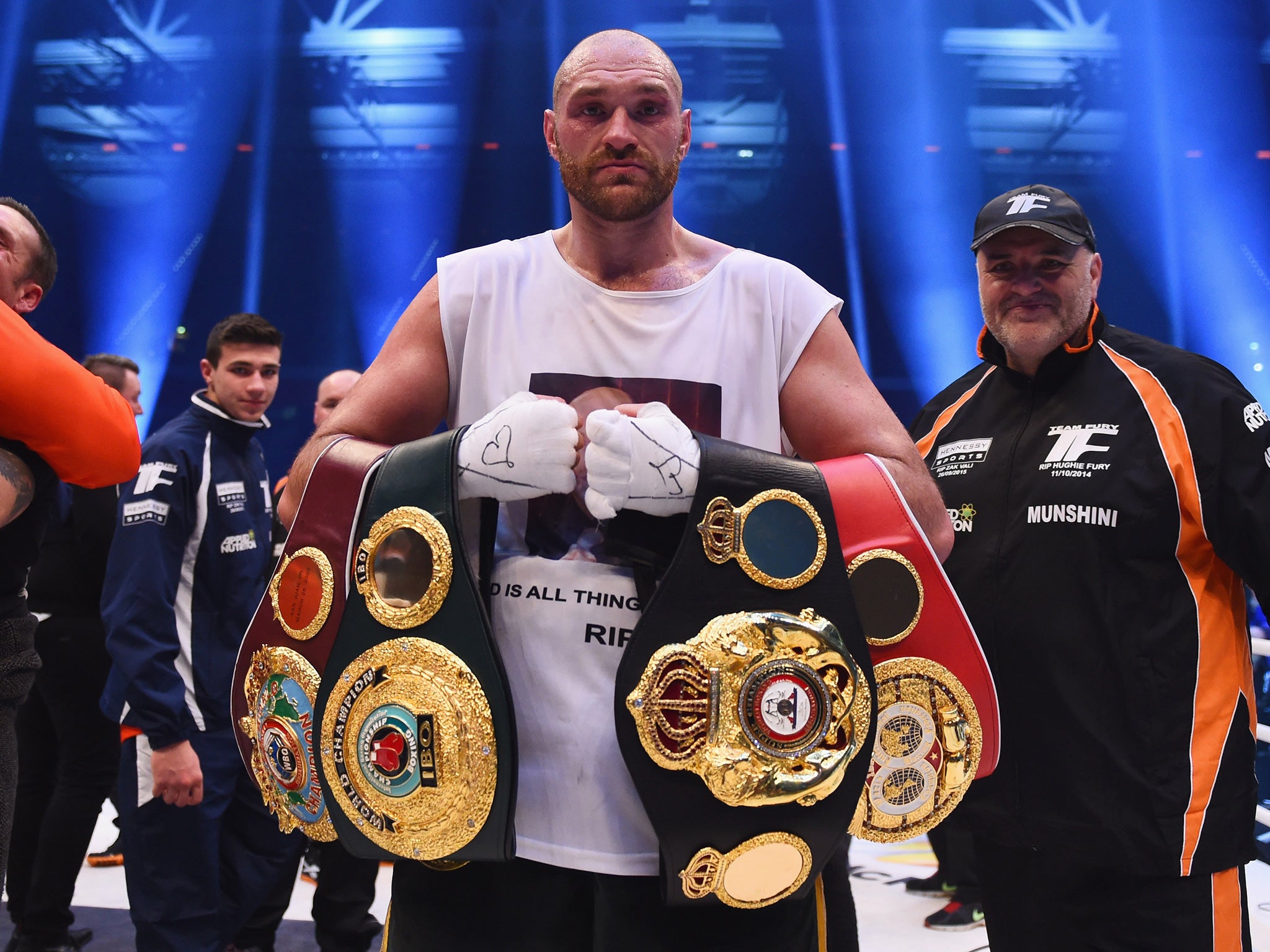 Fury with his belts following victory over Klitschko last November