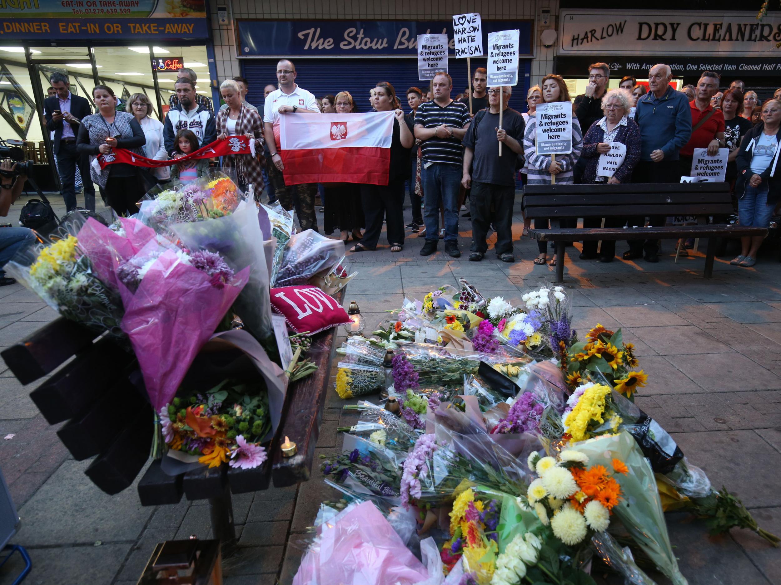 A vigil held in Harlow for Arek Jozwik, a Polish man killed in an attack believed to be a hate crime