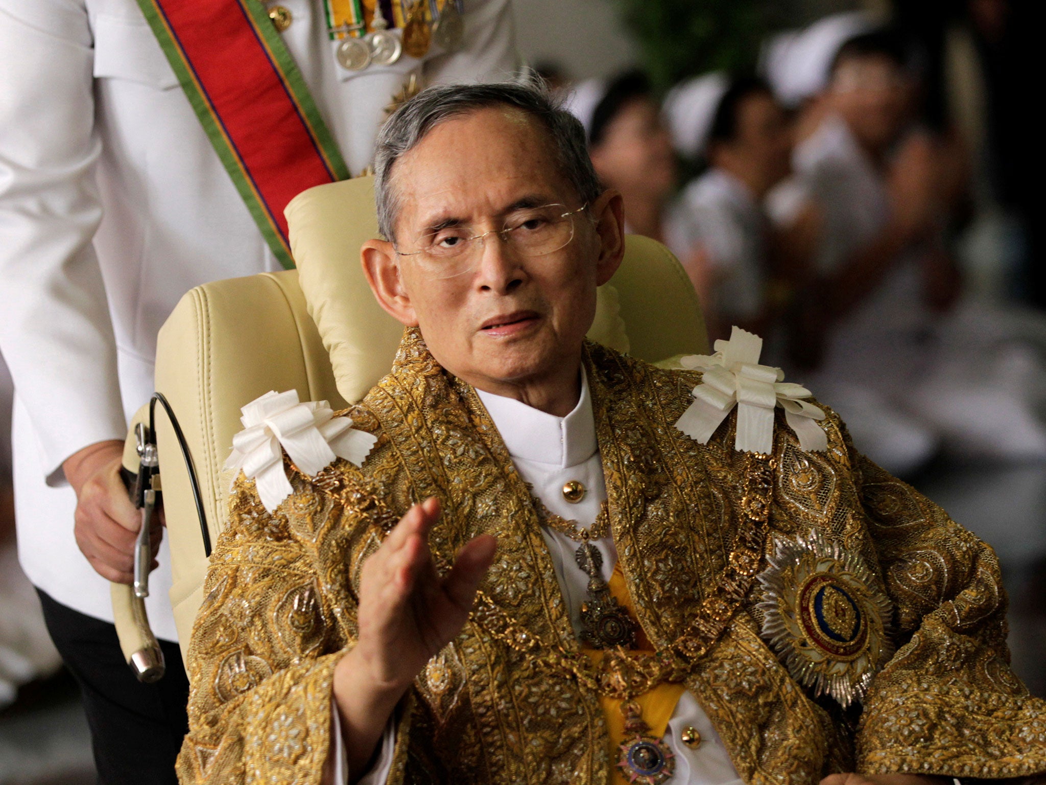  King Bhumibol Adulyadej attends a ceremony at the Grand Palace in Bangkok in 2010
