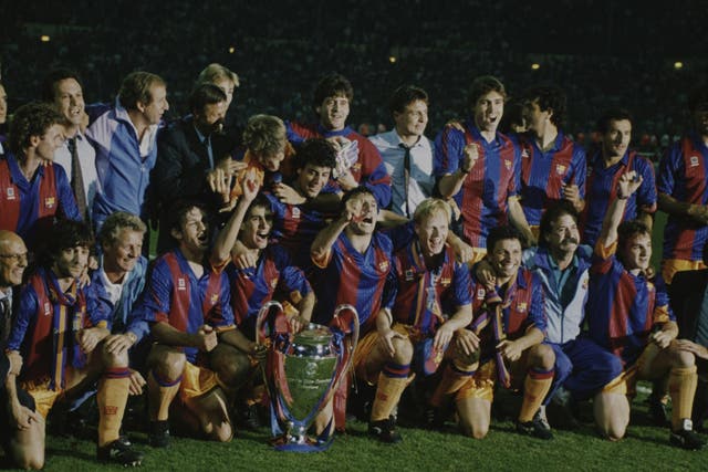 Pep Guardiola (fifth from left) and Ronald Koeman (seventh from left) celebrate Barcelona's 1992 triumph alongside Johan Cruyff