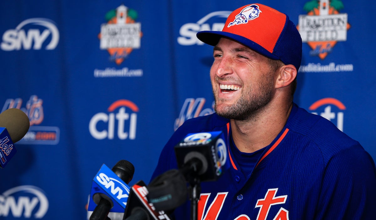 Tim Tebow of the New York Mets speaks at a press conference after a work out at an instructional league day at Tradition Field on September 20, 2016 in Port St. Lucie, Florida.