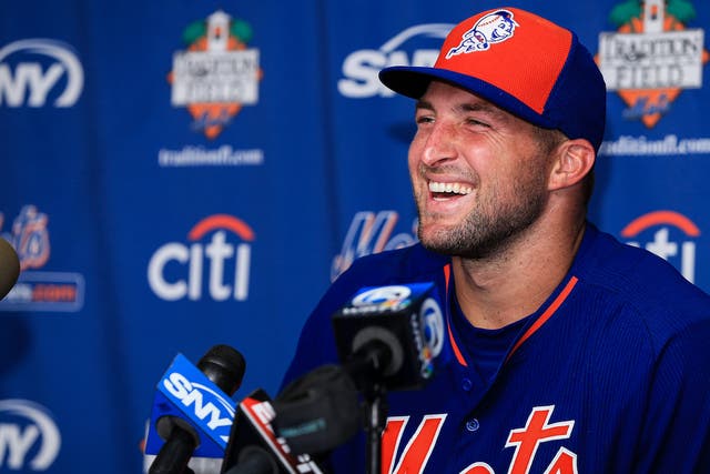Tim Tebow of the New York Mets speaks at a press conference after a work out at an instructional league day at Tradition Field on September 20, 2016 in Port St. Lucie, Florida.