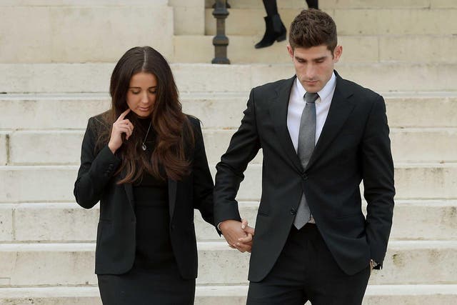 Footballer Ched Evans and partner Natasha Massey outside Cardiff Crown Court