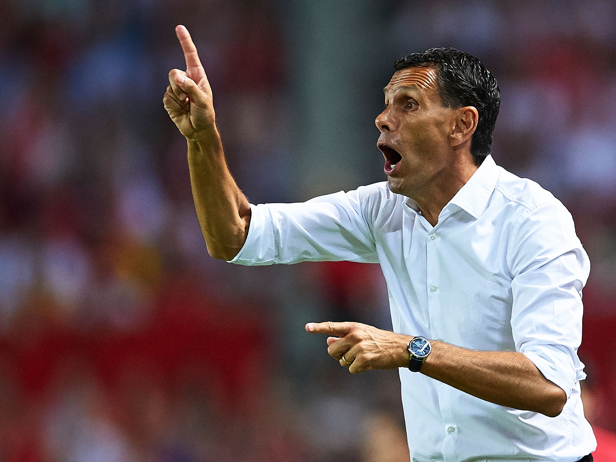 Gus Poyet gives instructions to his Real Betis players